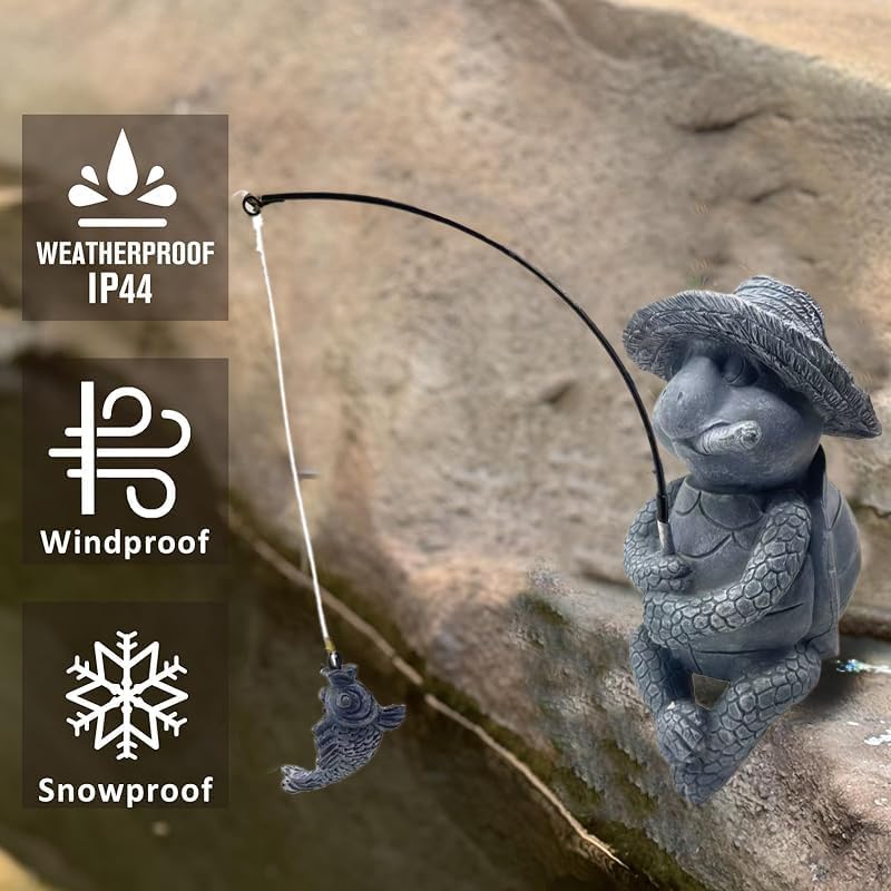 Tortoise Fishing Statue Garden Decor，9.8" Weatherproof Resin Tortoise Fishing Sculpture Decor for Fish Ponds, Koi Ponds, Waterfalls, Poolside Outdoor Gardens Resin Figurine for Indoor Outdoor Décor-VerdiqueGarden