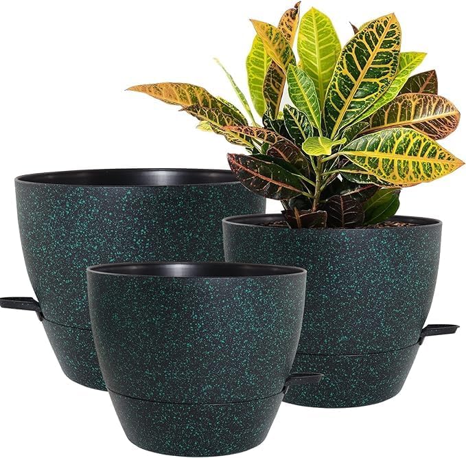 10/9/8 inch Self Watering Pots, Set of 3 Plastic Planters with Mesh Drainage Holes and Deep Reservoir for Indoor Outdoor Garden Plants and Flowers, Black with Green Speckles-VerdiqueGarden