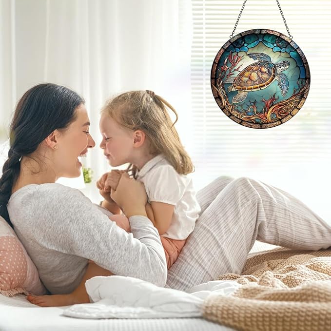 Sea Turtle Decor Suncatcher Stained Glass Window Hanging - Handmade Stained Glass Suncatchers Hangings with Hooks - Sea Art Glass Outdoor Garden Decor Gift for Women Him Valentines Day Birthday Gifts-VerdiqueGarden