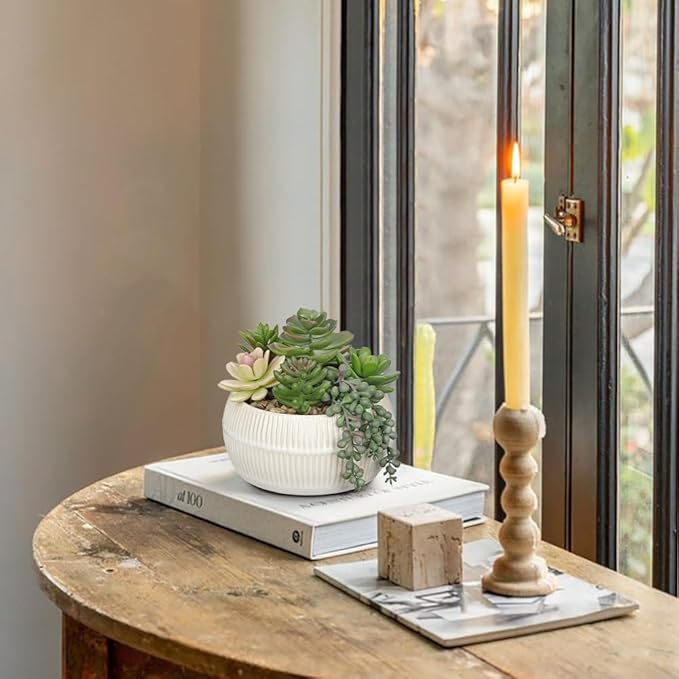 DILATATA Artificial Succulent Plants in Pot 5.5 Inch Fake Succulents Arrangement Potted Plant in White Ceramic Planter Bowl for Home Office Desk Shelf Living Room Bedroom Bathroom Decor-VerdiqueGarden