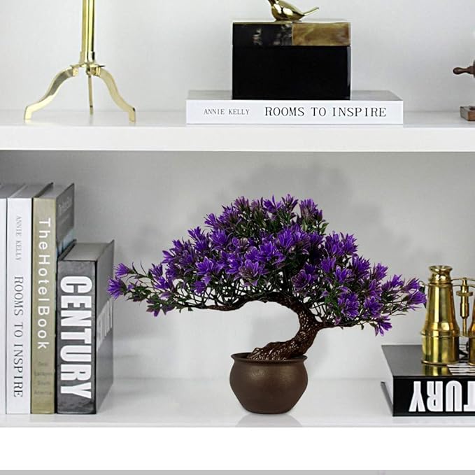 Fake Plants Plastic Artificial Bonsai Tree, Purple Room Decor Bonsai Tree for Home Bedroom Farmhouse Office Desk Decor, Tall 9.5"-VerdiqueGarden