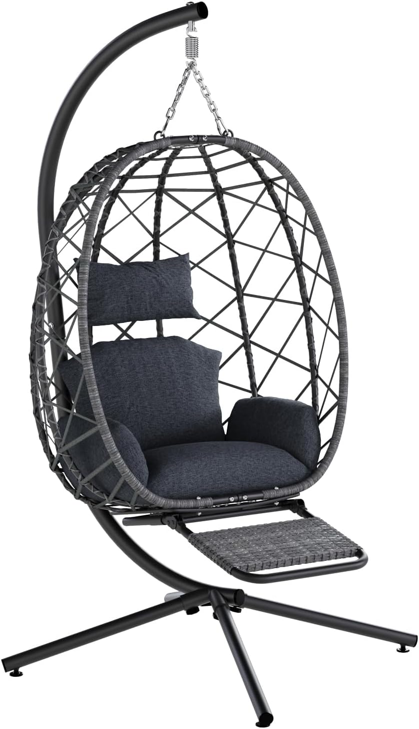 SWITTE Hanging Egg Chair with Stand, Outdoor Swing Egg Chair with Footrest, Patio Hammock Chair with Cushion for Garden Backyard-Dark Grey-VerdiqueGarden