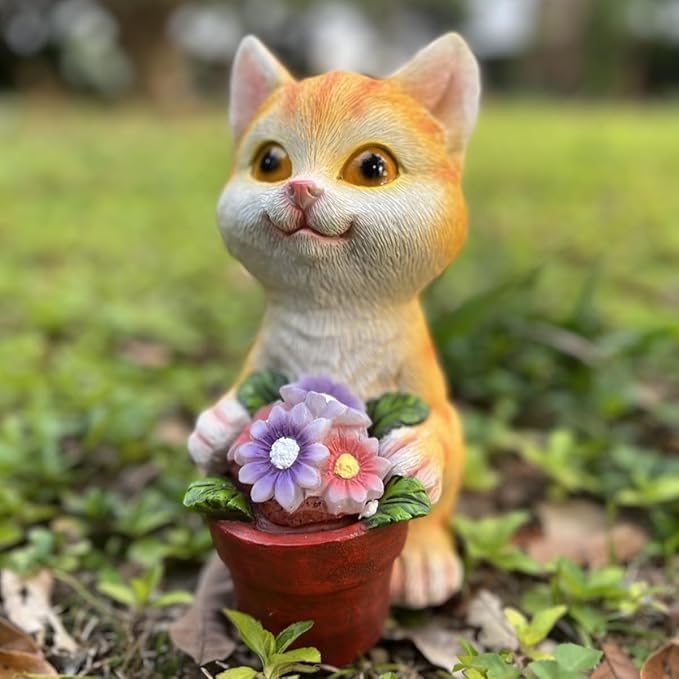YODY Solar Garden Statues Outdoor Decor- Yard Decorations for Patio, Balcony, Backyard, Lawn Ornaments - Cat Statue with Flower Pot- Unique Cat Lover Gifts for Mom, Grandma, Women-VerdiqueGarden