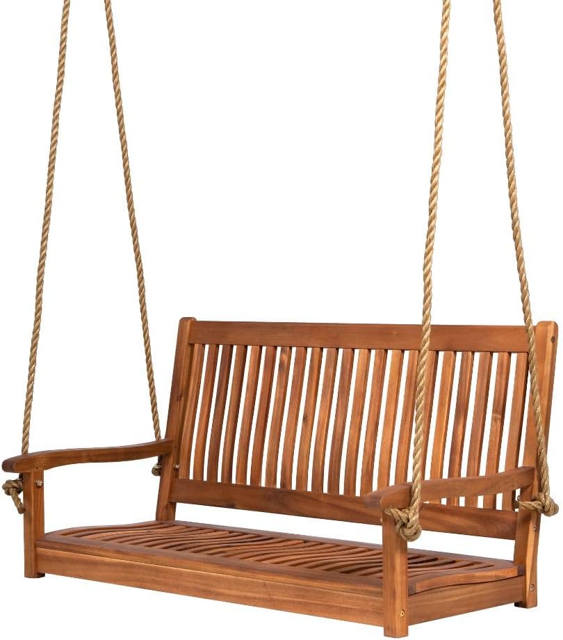 East Green Hayden 4 Foot Wooden Porch Swing in Natural Oil Finish - Outdoor Bench Swing Crafted from Naturally Weather-Resistant Acacia Wood-VerdiqueGarden