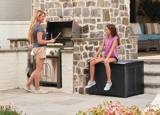 Rubbermaid Medium Resin Outdoor Storage Deck Box (74 Gal) Weather Resistant Brown Deck Organization for Home/Backyard/Pool Chemicals/Toys/Garden Tools/Porch/Patio Cushions-VerdiqueGarden
