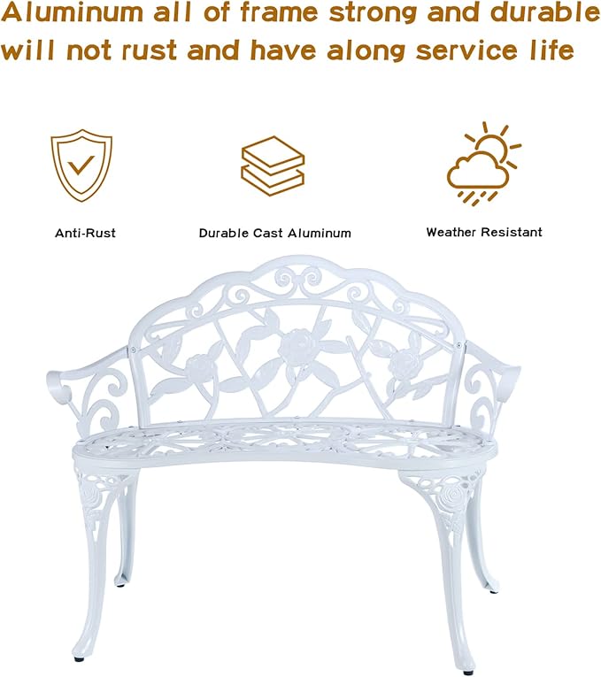 JARDIN DE CENTENNIAL Patio Garden Bench Metal Park Bench Cast Aluminum Outdoor Furniture with Floral Rose for Patio,Park,Lawn,Yard (White)-VerdiqueGarden
