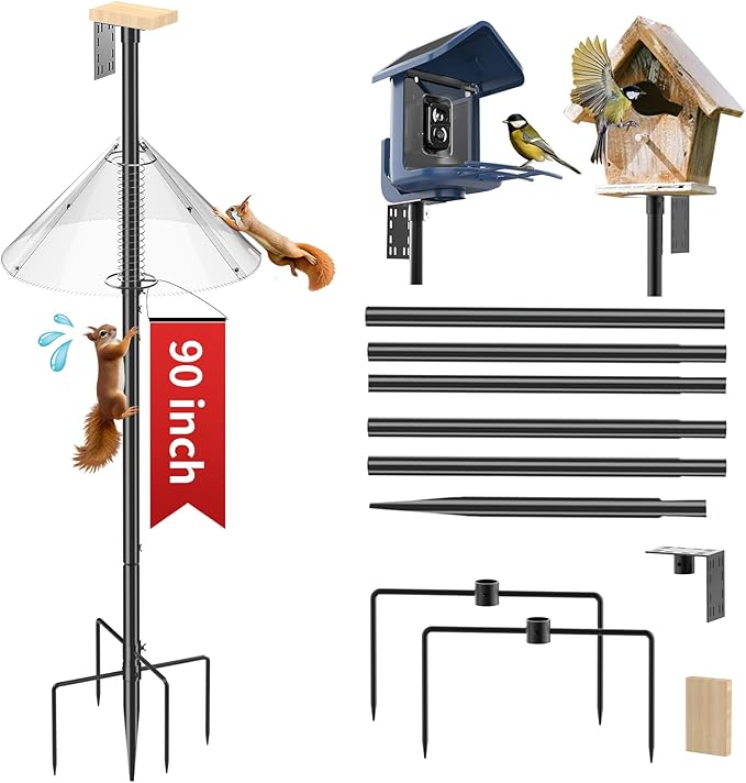 Bird Feeder Pole with Squirrel Baffle - 90 Inch Bird House Pole for Outdoors Heavy Duty, Squirrel Proof Baffle with Stainless Steel Spring for Better Defense, Slip-Fit Connection-VerdiqueGarden