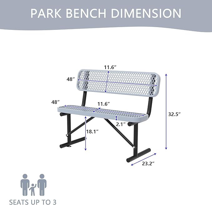 4/6/8 Feet Park Bench for Outside Heavy Duty Metal, Garden Benches Outdoor Bench with Backrest & Portable Frame, for Shopping Malls Stores Parks Patios Decks, Grey-VerdiqueGarden