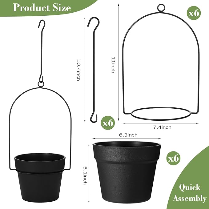 Hushee 6 Packs Metal Hanging Planters for Outdoor Indoor Plants Plant Hanger with 6.3'' Plastic Pots Hanging Planter Basket for Garden Home Porch Decor-VerdiqueGarden
