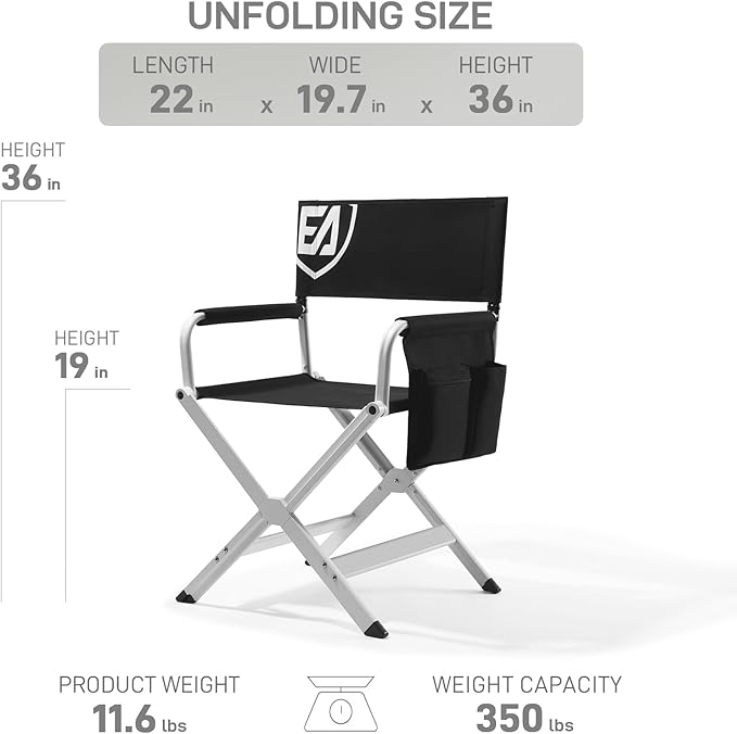 EVER ADVANCED Aluminum Directors Chair, Folding Studio Movie Chairs Camping Event Vendor Chair, 19" Seat Height Black Fabric/White Frame, Support 350lbs-VerdiqueGarden