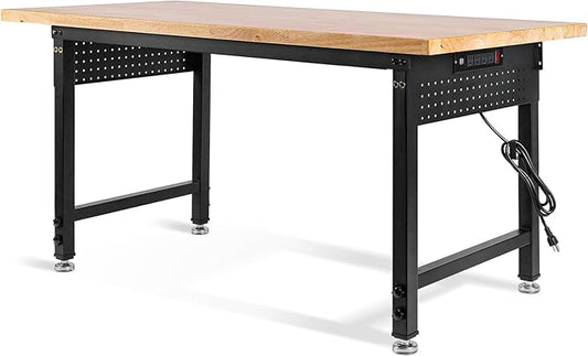Height Adjustable Workbench Heavy Duty Work Table 2000 LBS Load Capacity 60”×22” Rubber Wood Work Station with Power Outlet & Pegboard for Garage, Workshop, Office,Party Shop, Home-VerdiqueGarden