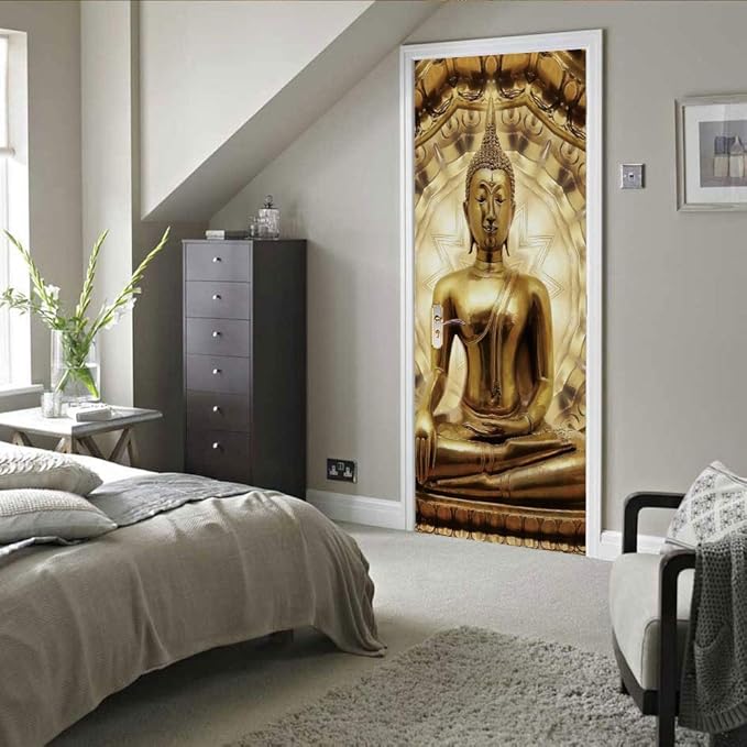 3D Door Stickers Murals - Buddha Statue - Peel and Stick - Waterproof & Washable - Matt Finish - 37.4" x 82.7"-VerdiqueGarden