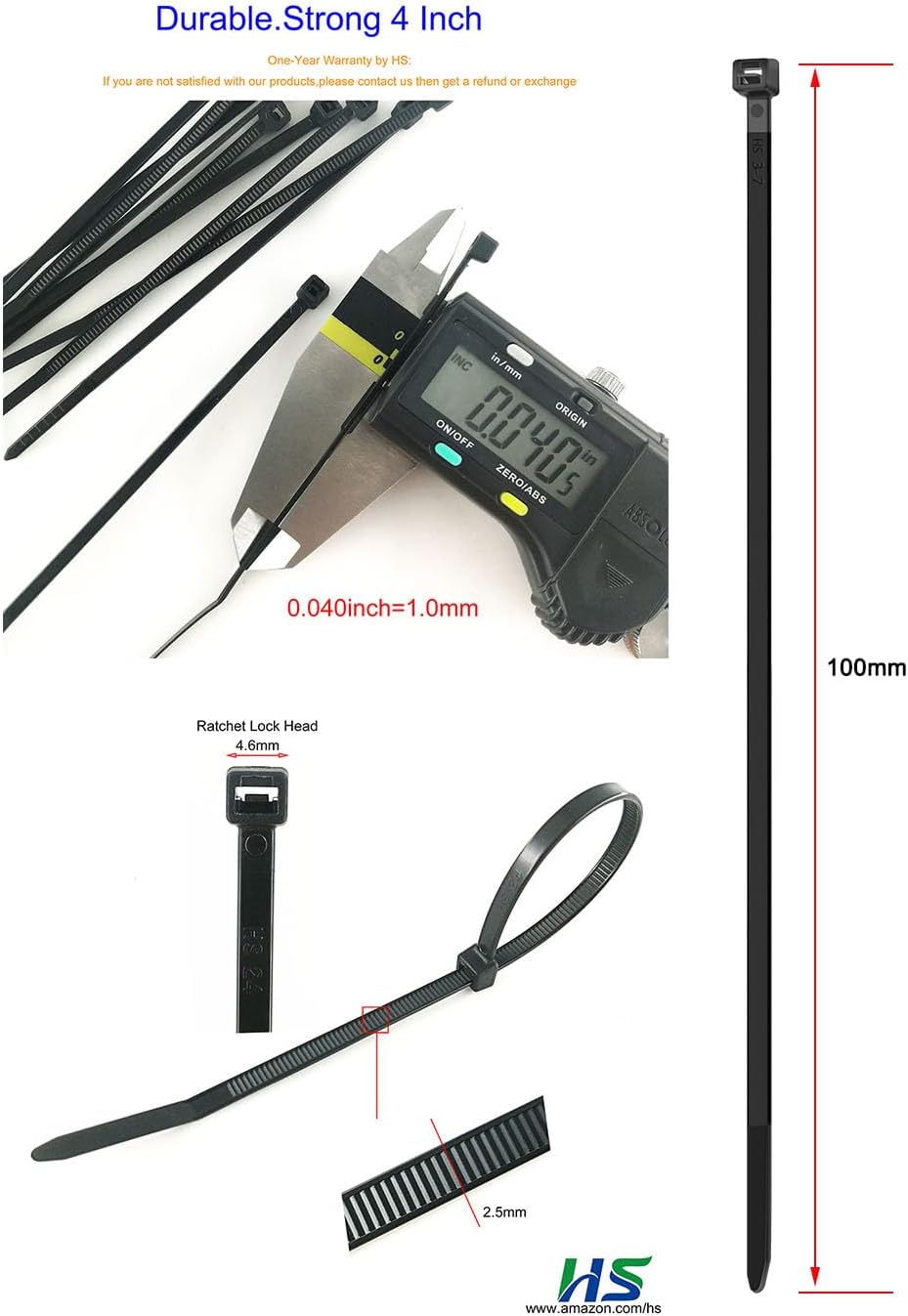 HS Durable Plastic Zip Ties 4 Inch 200 Pack Small Tie Wraps Thin 18 Lbs Self-Locking Nylon Cable Ties for Electronics Organizer, Tiny Wire Tie Black-VerdiqueGarden