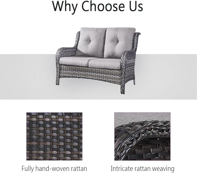 Wicker Outdoor Furniture Patio Furniture Set - 6 Piece Patio Conversation Set with Swivel Rocker Chairs, Loveseat Sofa, Ottomans and Coffee Table, Gray Cushion-VerdiqueGarden