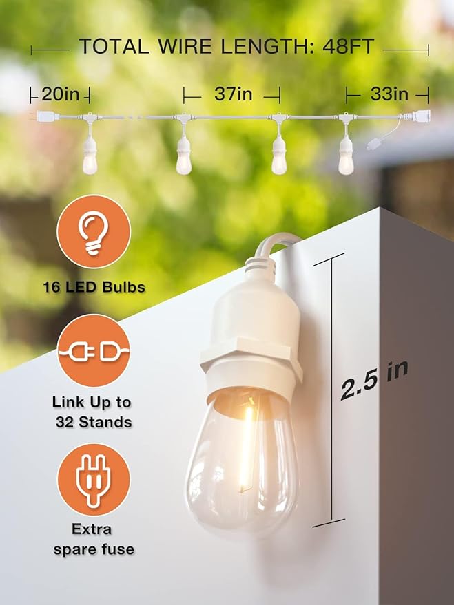 addlon 96FT(48FT*2) LED Outdoor String Lights, Dimmable Edison Vintage Shatterproof Bulbs and Commercial Grade Weatherproof Strand - ETL Listed Heavy-Duty Decorative Cafe, Patio, Market Light White-VerdiqueGarden