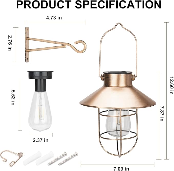 pearlstar Solar Lanterns Outdoor Metal Solar Powered Hanging Lights Waterproof for Barn Wall Yard Garden Patio Garage Balcony Porch Fence Decor, Warm White Edison Bulb (Copper-2pack)-VerdiqueGarden