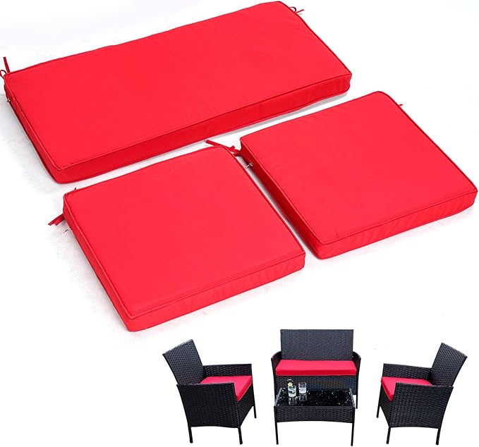 3-Pack Outdoor Patio Furniture Replacement Cushions Set–High-Elastic Sponge Cushions Fit 4-Piece Wicker Rattan Sofa, Loveseat & Chairs, 36x18x2 & 18x18x2, Waterproof, Fade-Resistant (Wine red)-VerdiqueGarden