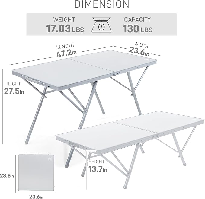 EVER ADVANCED Large Camping Table for 4-6 Person, Portable Folding Aluminum Table with Carrying Handle, Suitable for BBQ, Picnic, Camping and Indoor Use, Support up to 130LBS, Silver-VerdiqueGarden