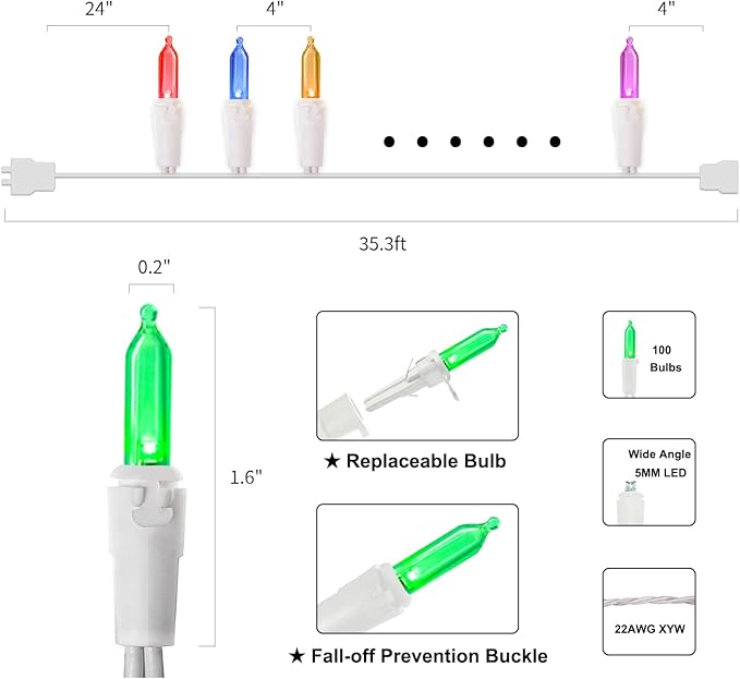 Multicolor LED Christmas Lights - 2 Pack 100 Count Multi-Colored Christmas String Lights for Tree, Party, Wedding, Holiday, Indoor/Outdoor Decor, 2 Sets 33 Feet White Wire, UL Certified, Connectable-VerdiqueGarden