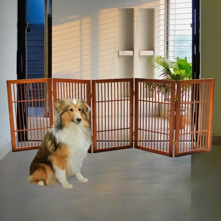 Pet Dog Gate Strong and Durable Freestanding Folding Acacia Hardwood Portable Wooden Fence Indoors or Outdoors by Urnporium (Brown Pet Gate, 5 Panel 30" Tall)-VerdiqueGarden