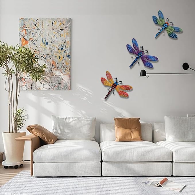 3 Pcs Metal Dragonfly Wall Decor, Colorful Metal Dragonfly Panel, Elegant Butterfly Wall Art - Home Office Garden Decor-VerdiqueGarden
