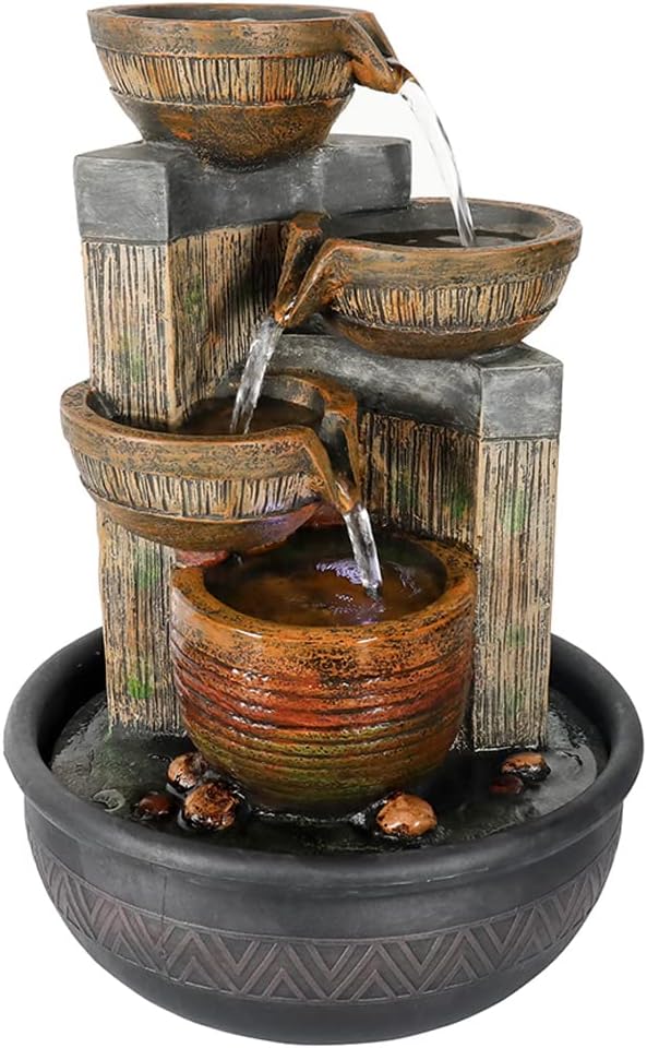 15.7''H 4-Tier Relaxation Indoor Tabletop Waterfall Fountain with LED Lights Desktop Fountains Calming Sound for Home Office Bedroom Decor (Brown, 15.7inch)-VerdiqueGarden