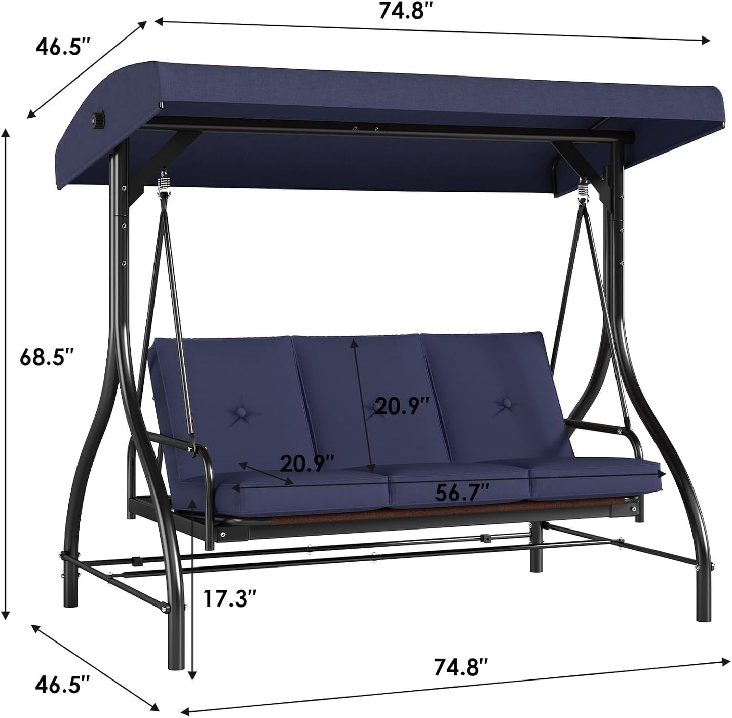 TLSUNNY 3-Seat Outdoor Patio Porch Swing with Adjustable Canopy & Backrest, Convertible Glider Bed with Stand, Removable Seat Cushion, 45° Tilt Adjustment for Backyard, Poolside, Balcony - 750LBS-VerdiqueGarden
