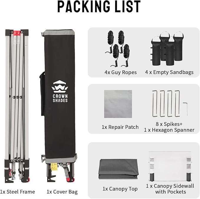 CROWN SHADES Canopy Tent 10x10 Pop Up Canopy Outdoor Shade with Pockets Sidewall, Easy Up Sun Shelter with One Person Set Up Center Lock, Portable Instant Camping Beach Canopies Tents, Grid Grey