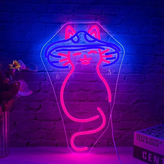 Mushroom Cat Neon Sign Cat Neon Signs for Wall Decor Dimmable Mushroom Cat Neon Lights LED Light Up Sign for Bedroom,Living Room,Bar,Party,Christmas,Birthday Art Gift-VerdiqueGarden