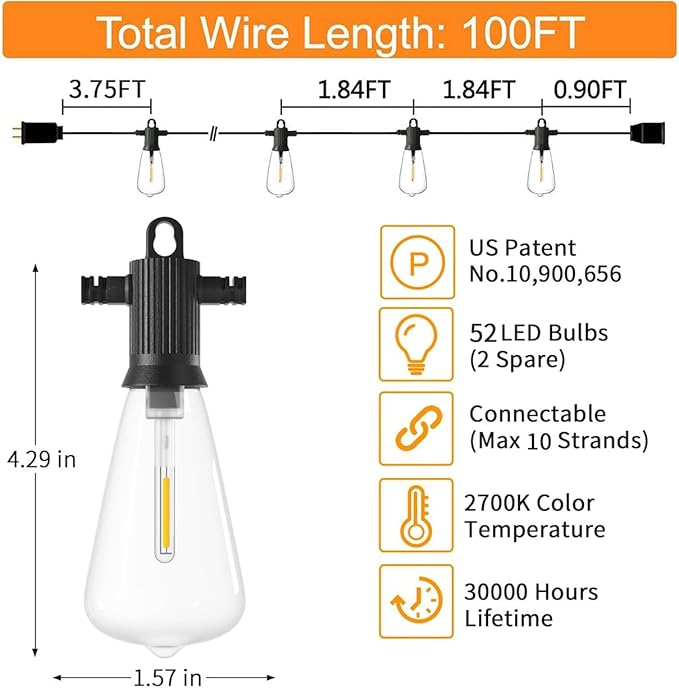 ZOTOYI Outdoor String Lights 100 FT, Waterproof IP65 LED Patio Lights with 52 ST38 Shatterproof Bulbs(2 Spare), Dimmable String Lights for Outside, Cafe, Bistro, Backyard, Garden Warm White-VerdiqueGarden