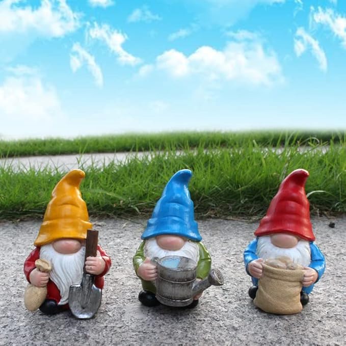 Set of 3 Mini Garden Gnome Statues - Resin Figurines for Indoor and Outdoor Decoration - Whimsical Mini Ornaments for Home, Patio, Yard, and Garden Decor-VerdiqueGarden