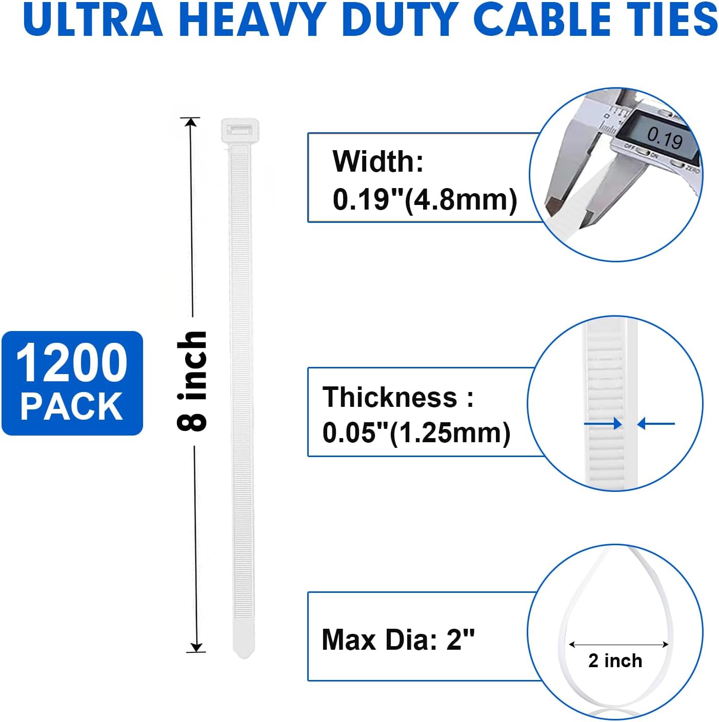 Zip Ties, RAZCC 1200pcs Cable Zip Ties 8 Inch, Heavy Duty White Plastic Wire Ties with 50lb Tensile Strength, Self-Locking Nylon Cable Ties, Wire Management for Indoor and Outdoor-VerdiqueGarden