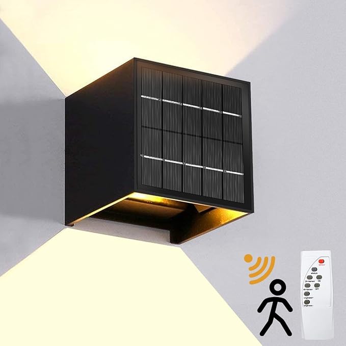 LANFU Solar Powered Motion Sensor Square Outdoor Wall Lights,Black Modern Up and Down Wall Lamps 10W,IP65 Waterproof Warm White 3000K Wall Sconce Light Exterior for Fence,Garden-VerdiqueGarden