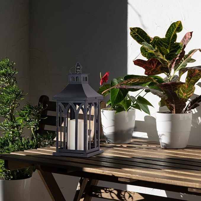 DECORKEY Decorations for Home, Decorative Led Candle Lantern Indoor Outdoor Decor, Metal Hanging Candle Holder with Xmas Teardrop Wreath and LED Candle for Table Centerpieces, Patio (Black)-VerdiqueGarden