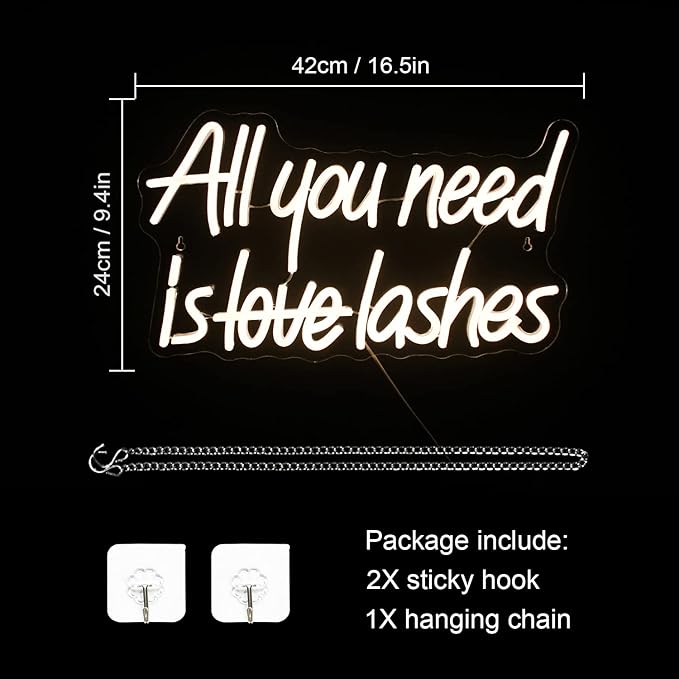 WLHOPE All you need is Lashes Neon Sign, Warm White Led Neon Signs for Wall Decor, USB Lash Neon Signs Letter Neon Lights for Bedroom Bar Party Girls Room Nail Room Salon, Lash Room Decoration-VerdiqueGarden