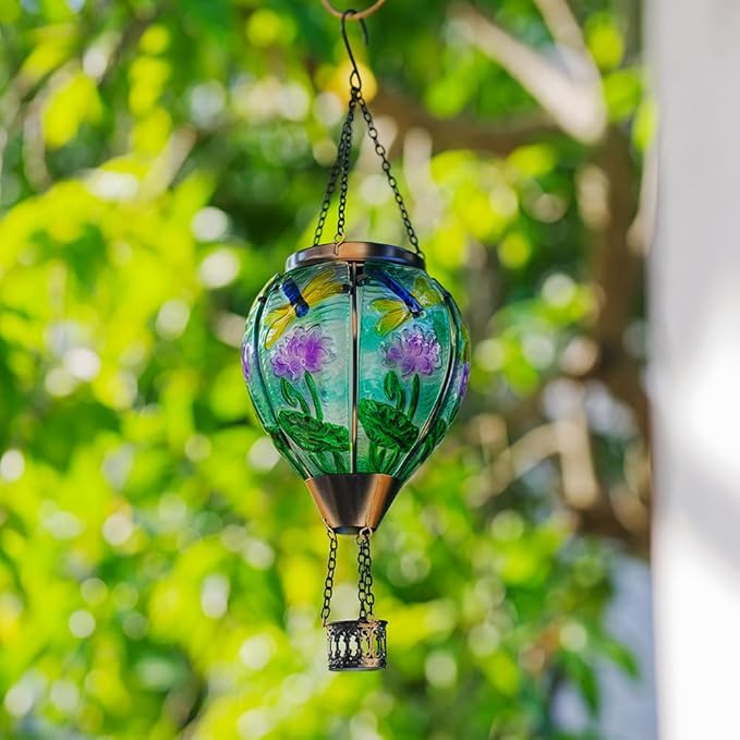 Starsoul Starsoul Dragonfly Hot Air Balloon Solar Lantern Glass Outdoor Hanging Hot Air Balloon Solar Flickering Flame Light Waterproof Garden Patio Yard Party Decorations-VerdiqueGarden