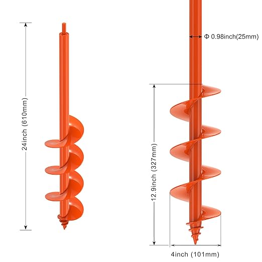 Auger Drill Bit for Planting 4 x 24'', Threaded Garden Auger Post Hole Digger, Spiral Drill Earth Dirt Soil Augers for Bulb, Tulip, Tree, Fence Post and Umbrella Holes, Fits in 3/8” Drill Chuck-VerdiqueGarden