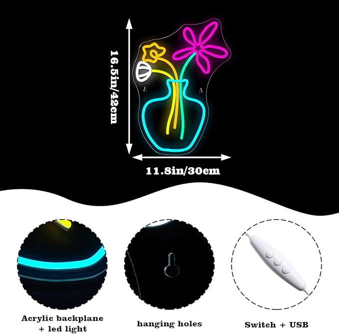 Flower Vase Neon Sign,Dimmable Neon Lights,Neon Flowers Sign for Wall Decor,Anime Flower Shape USB Connectivity Light Up Neon for Kids Room Girls Room Bar Birthday Party-VerdiqueGarden