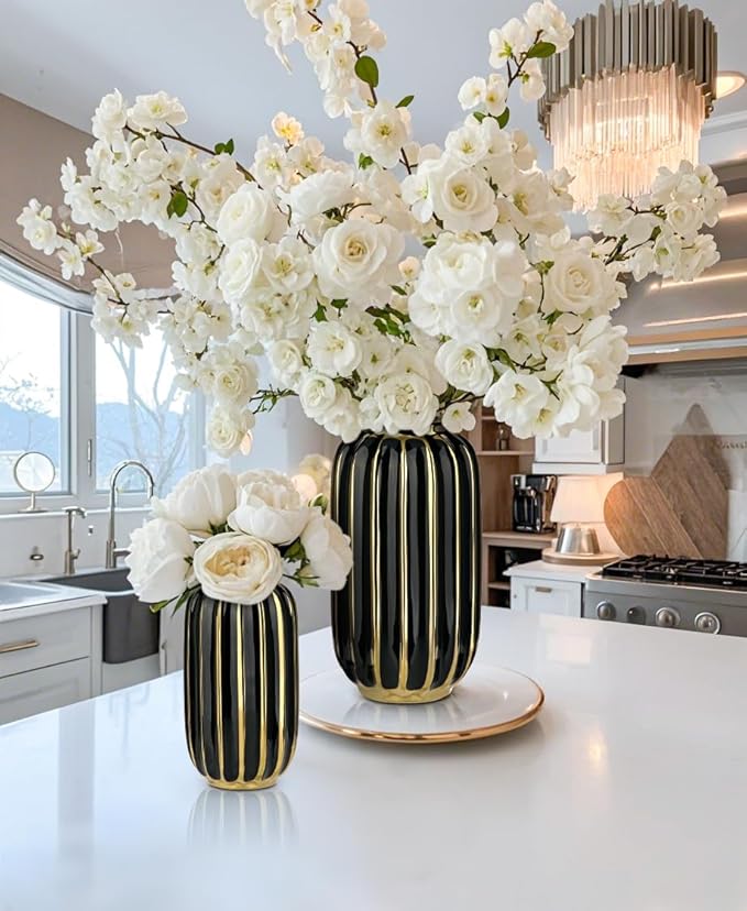 Briful Gold Plated Lantern Ceramic Vase Home Decor Creative Design Porcelain Decorative Flower Vase 8.66'' Black Ceramic Vases for Wedding Anniversary Decoration-VerdiqueGarden