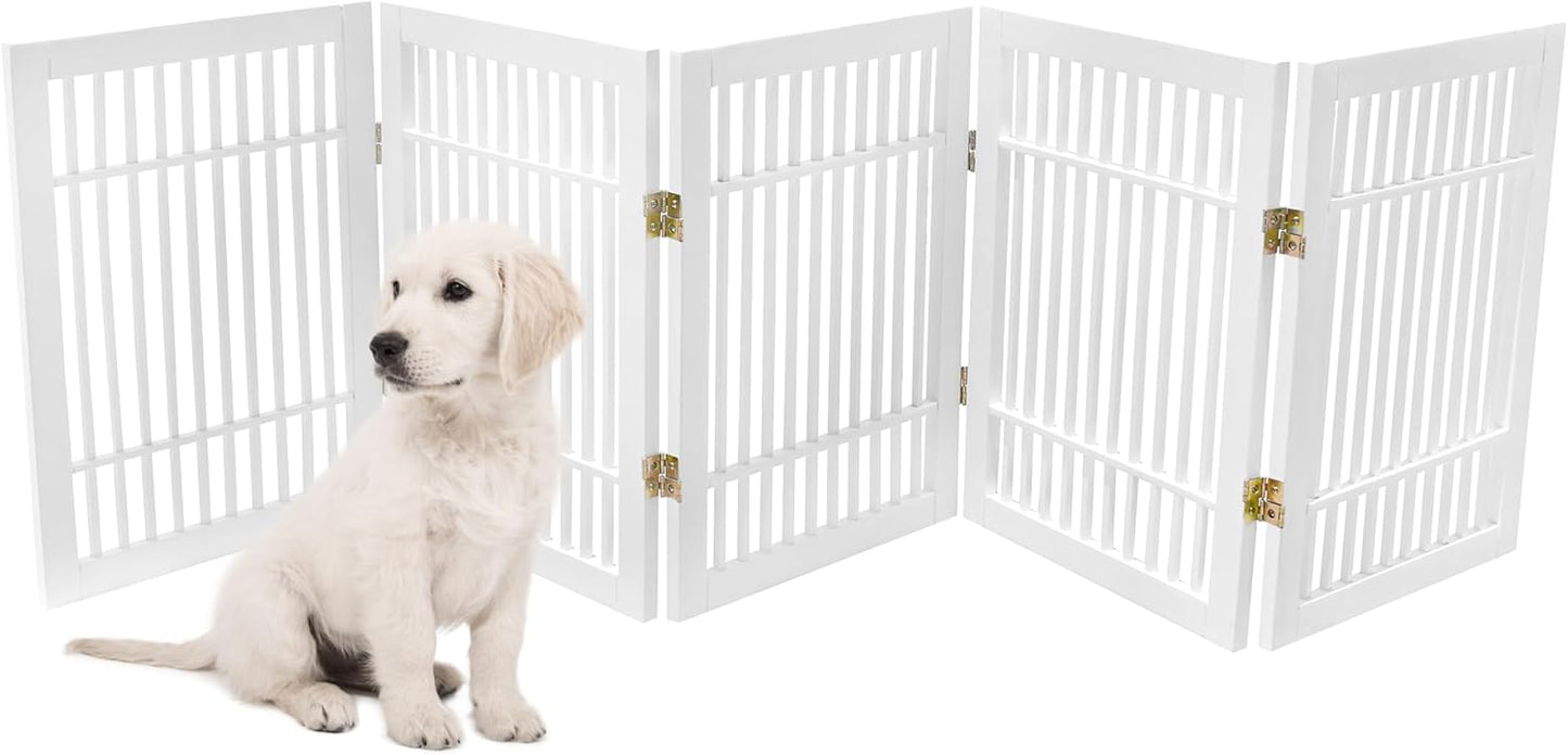Pet Dog Gate Strong and Durable Freestanding Folding Acacia Hardwood Portable Wooden Fence Indoors or Outdoors by Urnporium (White Pet Gate, 5 Panel 24" Tall)-VerdiqueGarden
