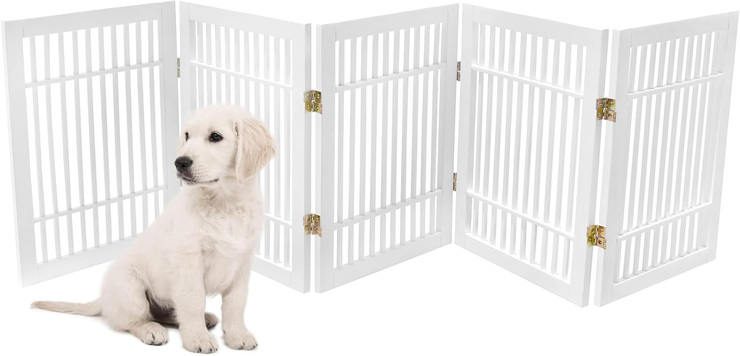 Pet Dog Gate Strong and Durable Freestanding Folding Acacia Hardwood Portable Wooden Fence Indoors or Outdoors by Urnporium (White Pet Gate, 5 Panel 24" Tall)-VerdiqueGarden
