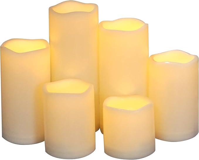 Waterproof Outdoor Battery Operated Flameless Pillar Candles with Timer White Plastic Realistic Flickering Fake Electric LED Lights for Lantern Garden Wedding Christmas Decorations 6 Pack-VerdiqueGarden
