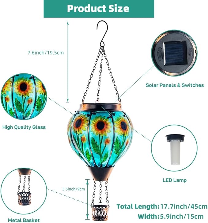 Starsoul Sunflower Hot Air Balloon Solar Lantern - Glass Outdoor Flickering Flame Light, Waterproof Hanging Lamp for Garden, Patio, Yard, Party Decor-VerdiqueGarden