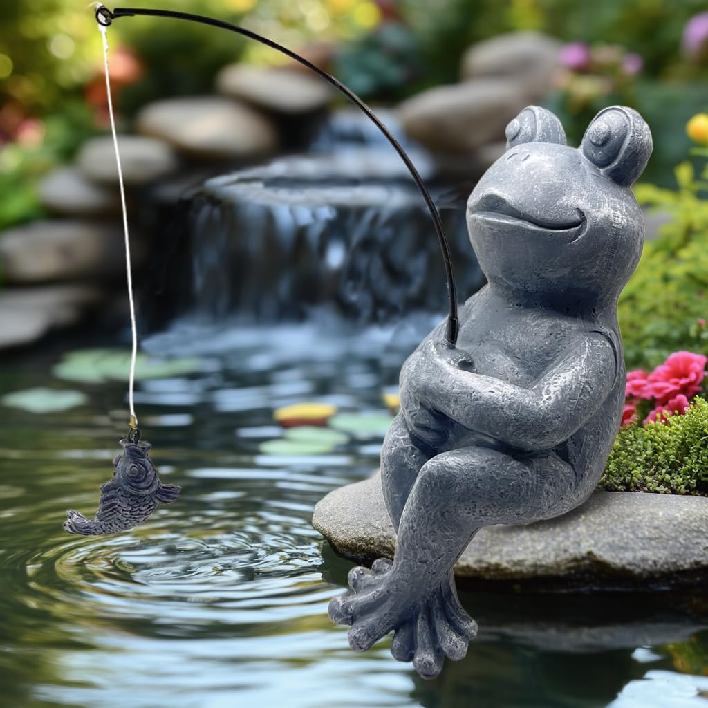 Frog Fishing Statue Garden Decor – 9.8" Weatherproof Resin Frog Fishing Sculpture Decor for Fish Ponds, Koi Ponds, Waterfalls, Poolside & Outdoor Gardens– Resin Figurine for Indoor & Outdoor Décor-VerdiqueGarden