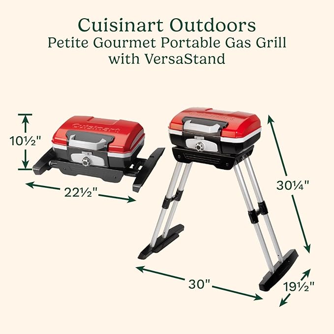 Cuisinart Petite Gourmet Portable Gas Grill with VersaStand, Compact Portable Grill Propane, 150 Sq. In. Cooking Surface, 5,500 BTU Burner Small Gas Grills for Camping, BBQ, Adjustable Base, Handles-VerdiqueGarden