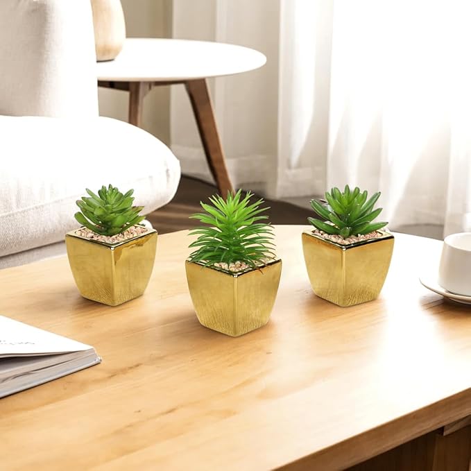 Hollyone Small Succulents Artificial 3 Pcs Faux Succulents with Gold Pots Mini Fake Succulent Plants Indoor Plant Ceramic Pots for Modern Office Desk Bathroom Shelf Living Room Home Decor-VerdiqueGarden