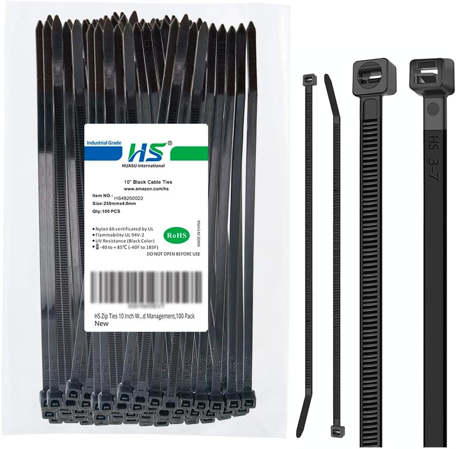 HS 10 Inch Zip Ties Black 50 Pounds Tensile Strength Strong Wide Straps (100 Pack) Nylon PA66 UV Resistant,Self-Locking Medium Electrical Plastic Cable Wire Zipties for Outdoor Use,Multi Purpose-VerdiqueGarden