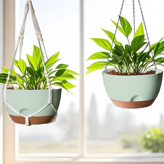 12 Inch Hanging Baskets for Plants Outdoor, Hanging Planters for Indoor Outdoor Plants, Hanging Planter with Self Watering, Hanging Flower Pots (Green Planter with Macrame + Iron Hangers)-VerdiqueGarden