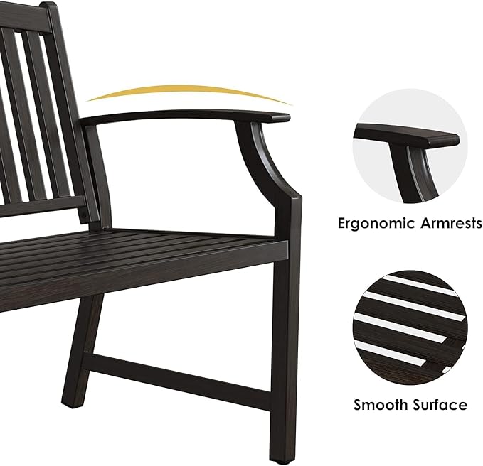 Grand patio 52" Farmhouse Outdoor Bench, Garden Benches with Rust Free Metal Powder Coated Frame and Aluminum Backrest, Faux Wood Grain Finish Frame Patio Bench for Front Porch, Northwoods Brown-VerdiqueGarden