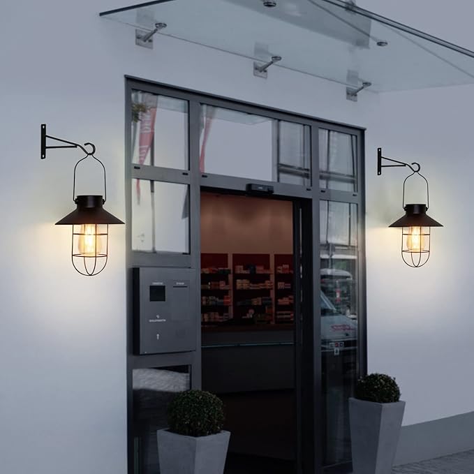 pearlstar Solar Lanterns Outdoor Metal Solar Powered Hanging Lights Waterproof for Wall Barn Yard Garden Patio Garage Balcony Porch Fence Decor, Warm White Edison Bulb (Black-2pack)-VerdiqueGarden